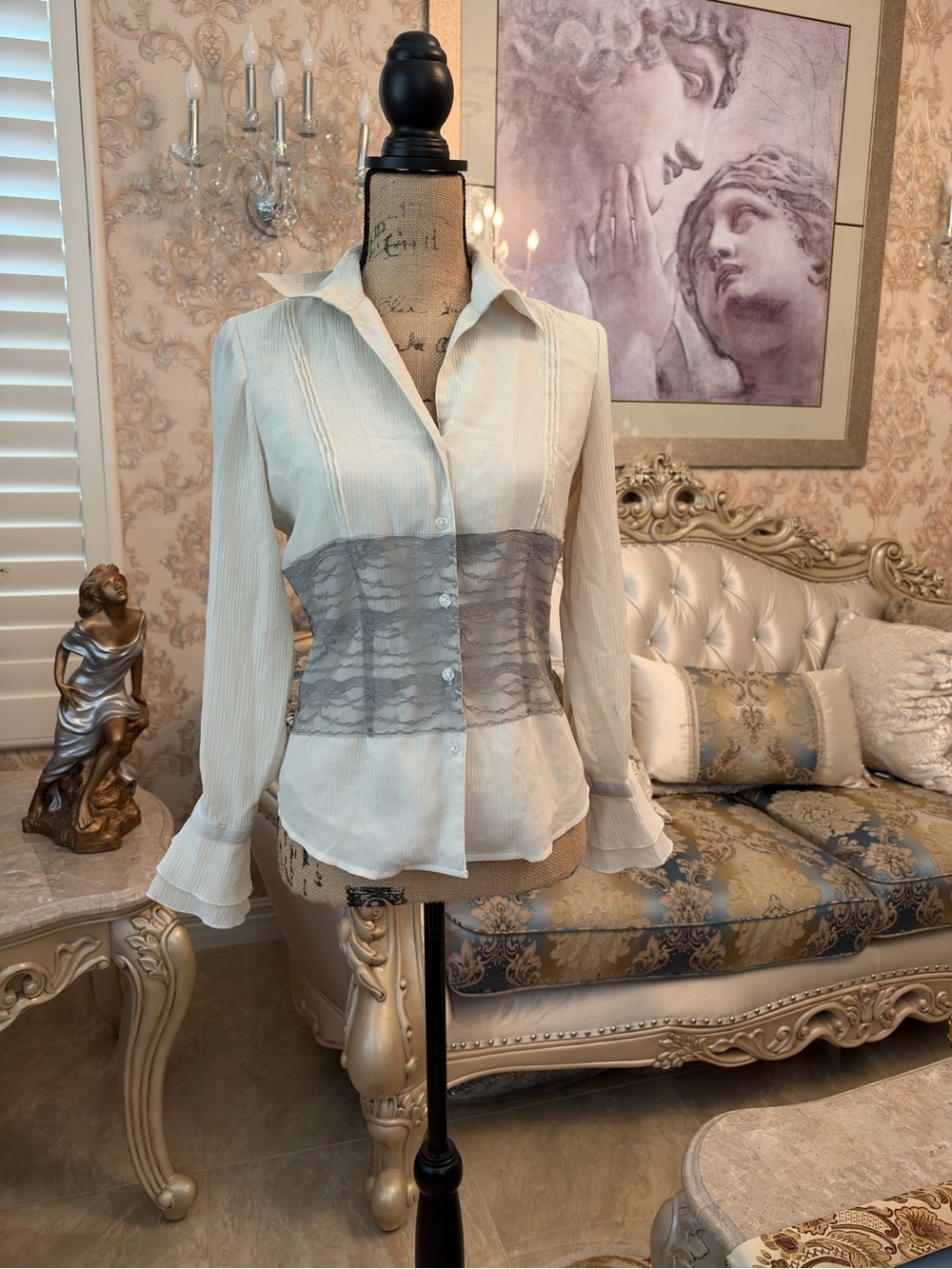 Coldwater Creek Ivory Blouse with Gray Lace Waist Panel
